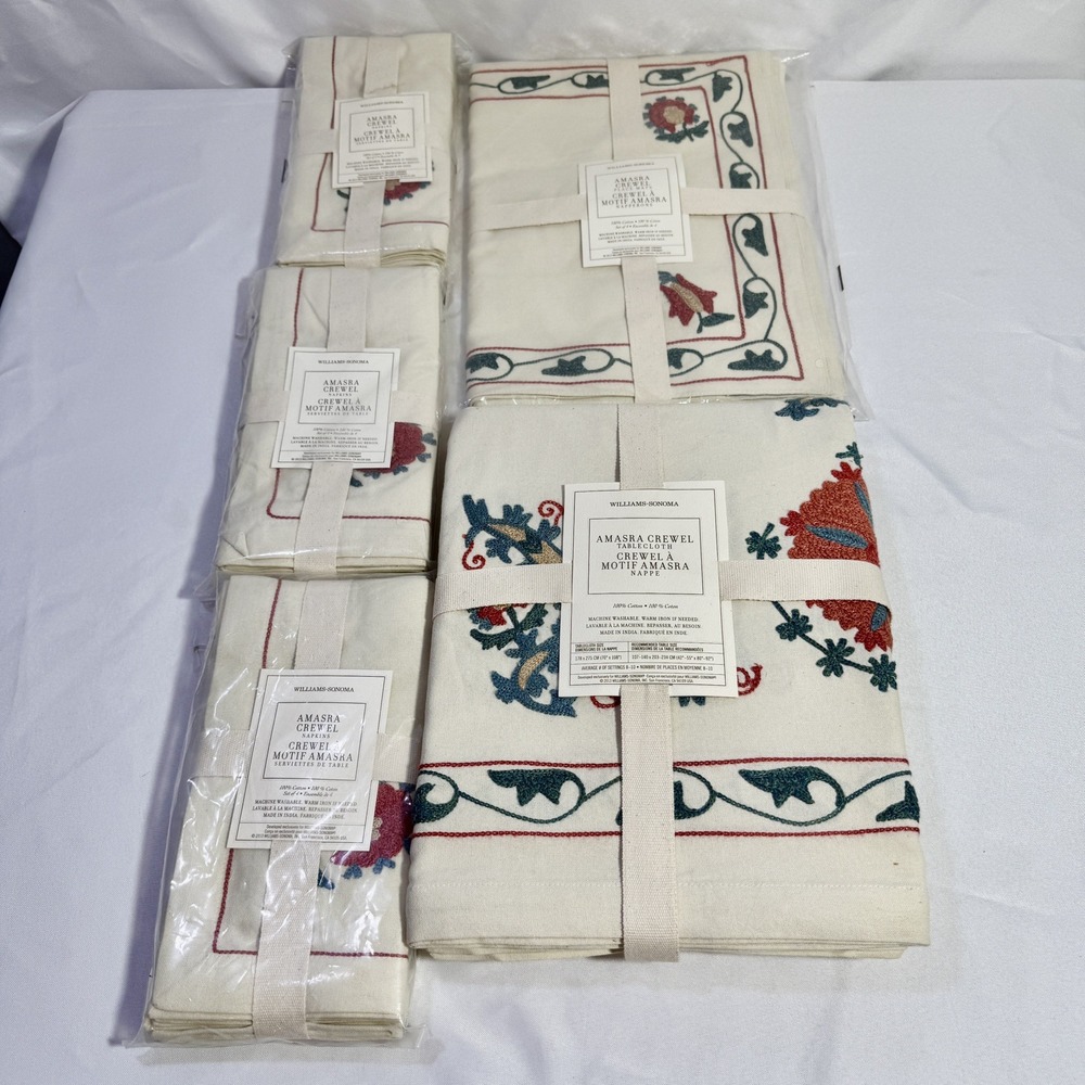 NEW Williams Sonoma Amasra Crewel Tablecloth 12 Napkins 4 Placemats Cottage Core